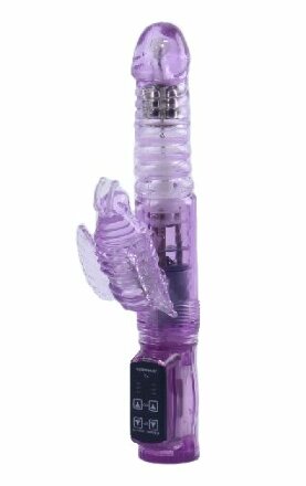 Фиолетовый вибратор с ротацией, функцией Up&amp;Down и клиторальной бабочкой - 23,5 см. 