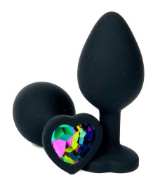 Черная силиконовая пробка с разноцветным кристаллом-сердечком - 7 см.
