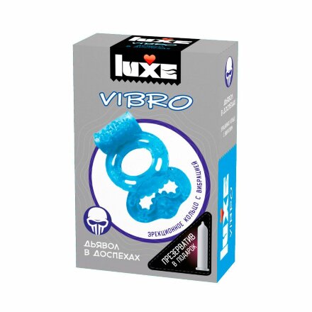 Голубое эрекционное виброкольцо Luxe VIBRO &quot;Дьявол в доспехах&quot; + презерватив 