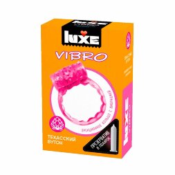 Розовое эрекционное виброкольцо LUXE VIBRO &quot;Техасский бутон&quot; + презерватив