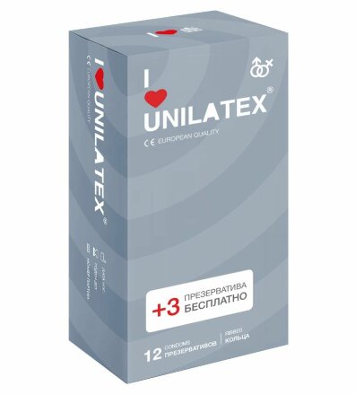 Презервативы с рёбрами Unilatex Ribbed - 12 шт. + 3 шт. в подарок 