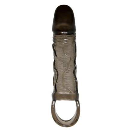 Дымчатая вибрирующая насадка на пенис с подхватом для мошонки - 17 см. 