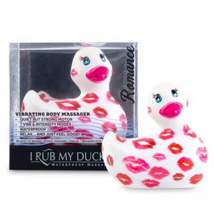 Белый вибратор-уточка I Rub My Duckie 2.0 Romance с розовым принтом 