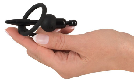 Черный силиконовый дилятор с вибрацией и кольцом PenisPlug with a Glans Ring &amp; Vibration 