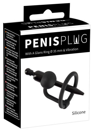 Черный силиконовый дилятор с вибрацией и кольцом PenisPlug with a Glans Ring &amp; Vibration 