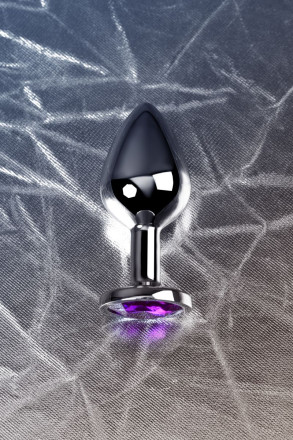 Серебристая коническая анальная пробка с фиолетовым кристаллом - 8 см. 