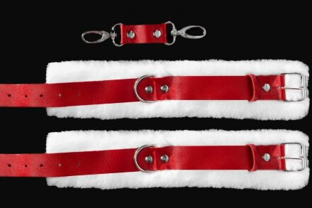 Бело-красные наручники из натуральной кожи с нежным мехом 
