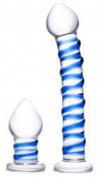 Набор из 2 стеклянных игрушек с синей спиралью Swirly Dildo &amp; Buttplug Set