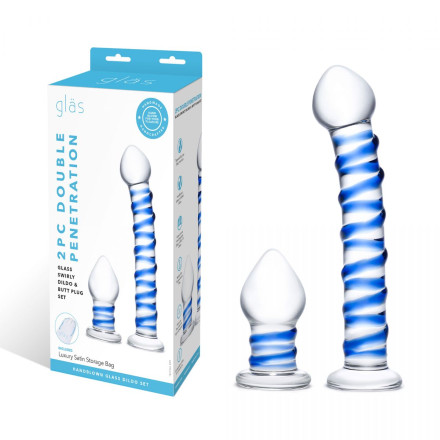 Набор из 2 стеклянных игрушек с синей спиралью Swirly Dildo &amp; Buttplug Set 