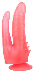 Розовый двойной фаллоимитатор с шипами и присоской - 17 см.