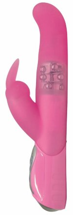Розовый вибратор Smile Pearl Bunny с загнутой головкой и клиторальным зайчиком - 26 см. 