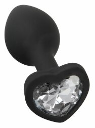 Черная силиконовая анальная пробка с прозрачным стразом-сердечком - 7,3 см.