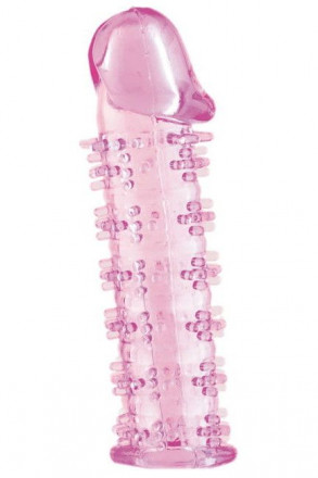 Гелевая розовая насадка на фаллос с шипами - 12 см.