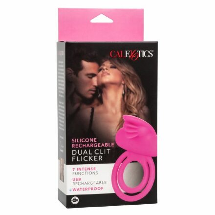 Ярко-розовое эрекционное кольцо Silicone Rechargeable Dual Clit Flicker 