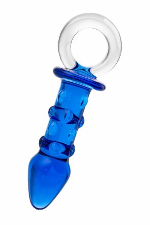 Синяя стеклянная анальная втулка с ручкой-кольцом - 10,5 см. 